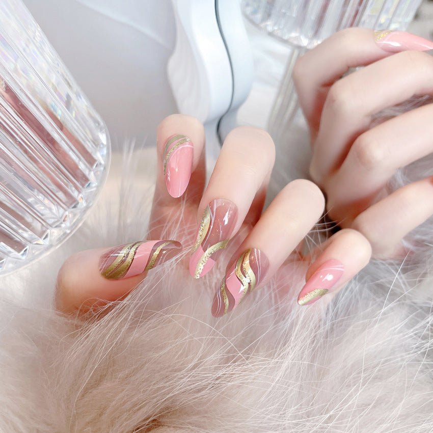 Fashion  nail Pink Barbie Corrugated Long Almond Nail Glitter Hot Girl Ins Style European and American Foreign Trade Nail Tip Wear Nail Tip A60