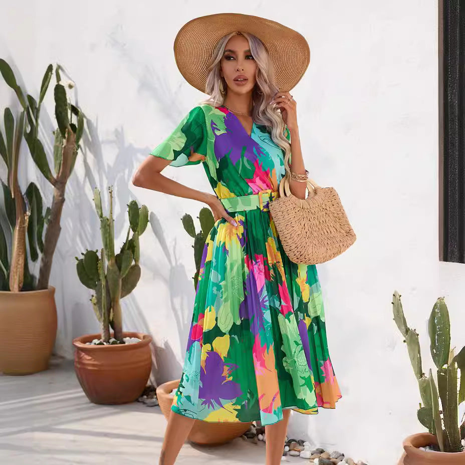 Fashion women's wear 2024  Women's Clothing   Cross-Border Summer Printing Crumpled Mid-Length Short Sleeve Dress