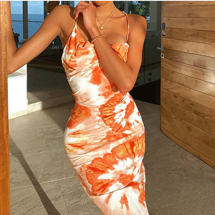 Fashion women's wear Tie-Dye Printed Sexy Back Cross Strap Mid-Length Sling Dress