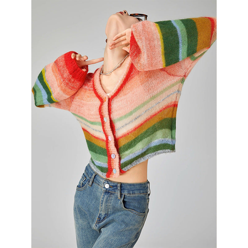 Dopamine tops Free shipping Tattoo Rainbow contrasting mohair striped knitted sweater women's thin 2024 spring and autumn new dopamine outer cardigan top