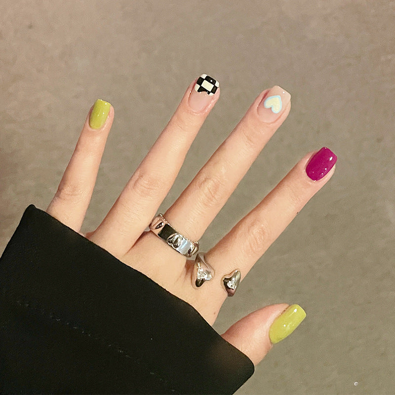 夏日撞色穿戴甲显白指甲贴片棋盘格美甲片假指甲美甲贴片成品甲片