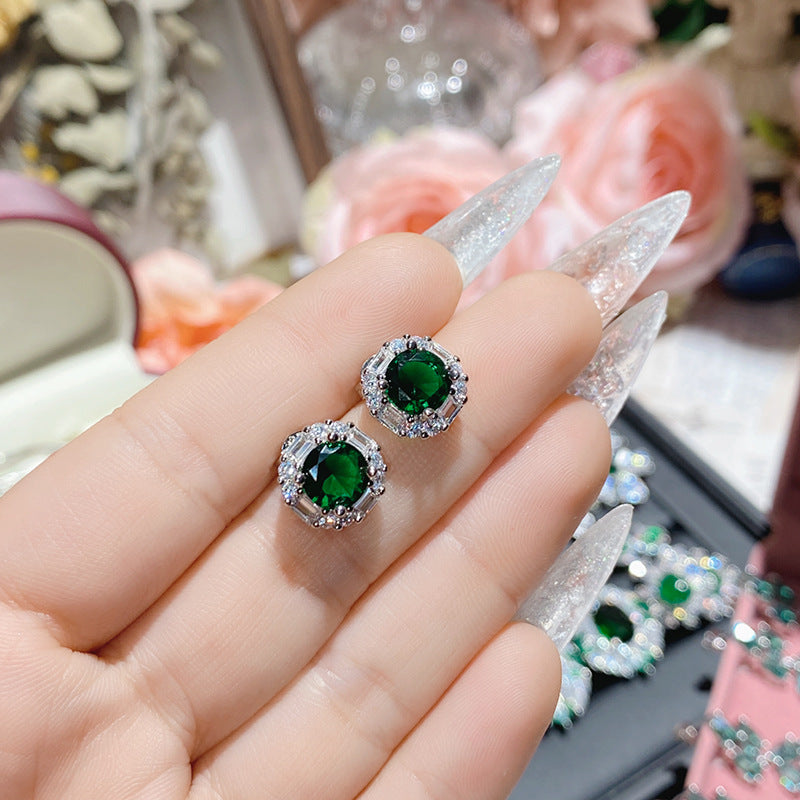 山茶轻奢重工仿祖母绿花朵耳环 镀金绿玛瑙蝴蝶耳坠彩宝直播货源