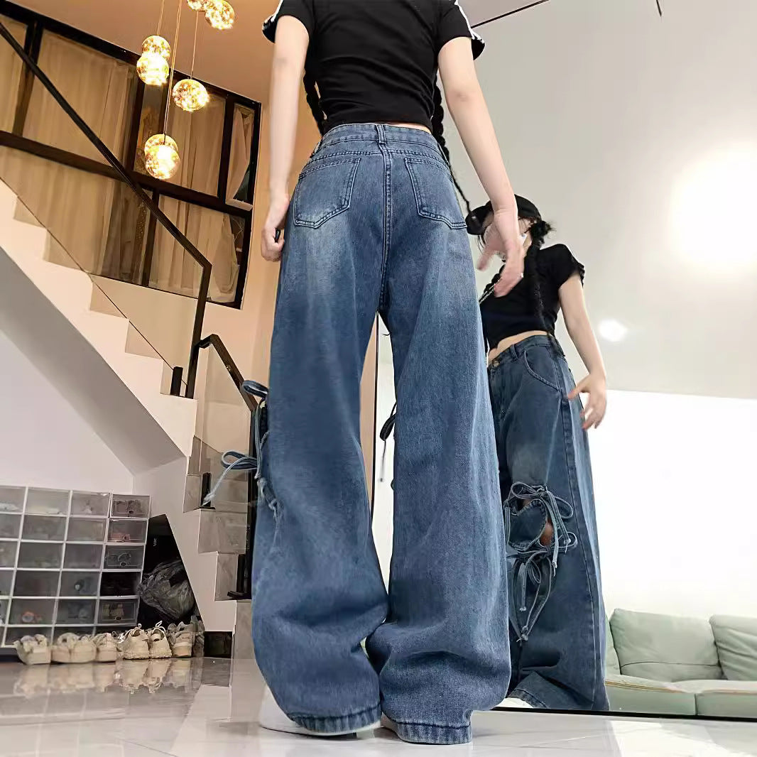 Dopamine pants Free shipping Tattoo Jeans women's spring dopamine wear retro love strap design sense straight women's pants tide