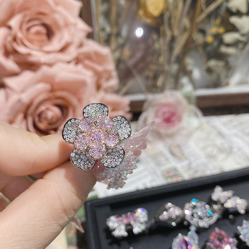 山茶璀璨粉色爱心轻奢公主戒指女 精工镀18K蝴蝶结阿斯切粉锆指环