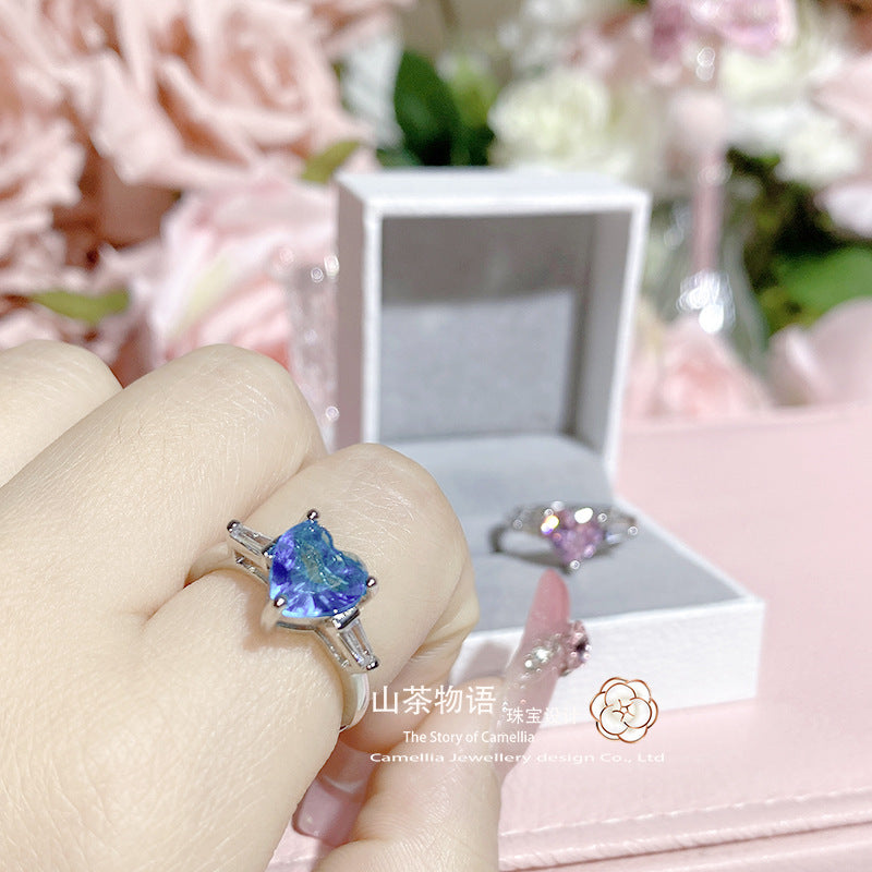 Camellia简约时尚爱心宝石戒指女 镀18K金微镶伦敦琉璃蓝爱心指环