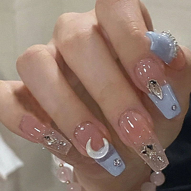 (Hand made nail) European and American Spicy Girl Super Long Instagram Dark Small Stand Retro Trapezoidal Shining Diamond Beauty False Nail Patch Detachable Wearable Nail