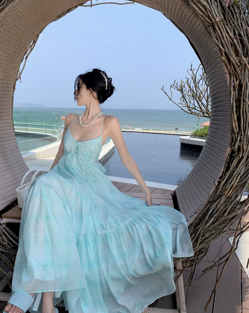 Fashion women's wear French Pure Desire Style Sexy Backless Halter Sling Dress Fairy Temperamental Beautiful Seaside Vacation Beach Dress