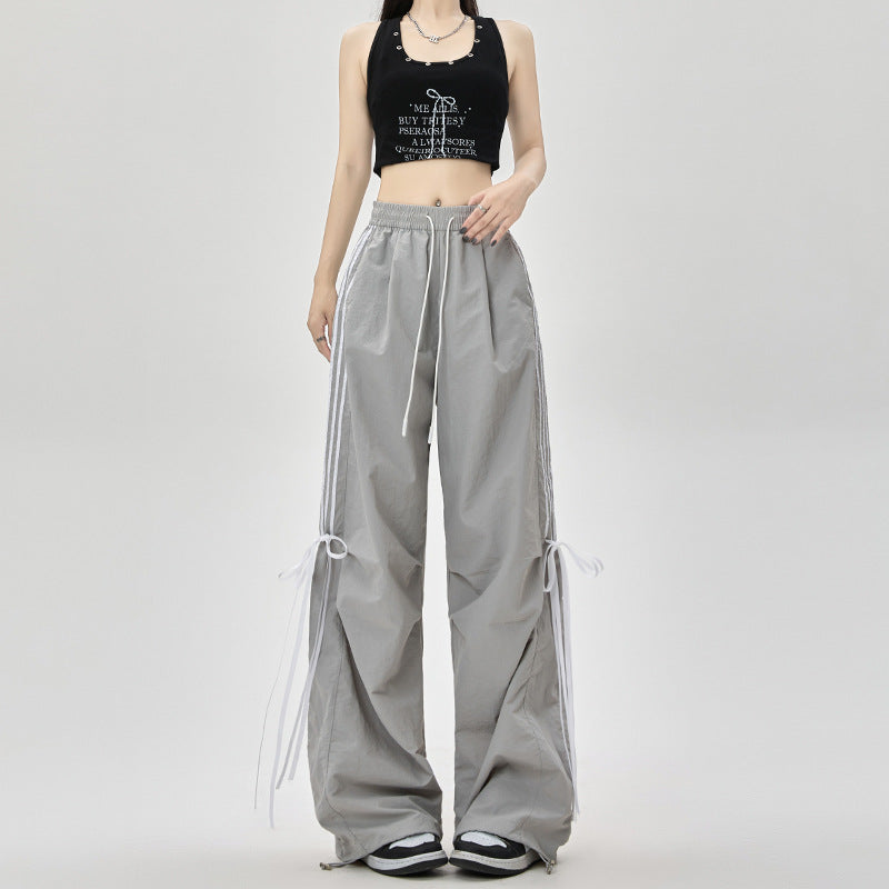Dopamine pants Free shipping Tattoo American dopamine parachute overalls women's summer bow streamer dancing pants wide-leg ice silk quick-drying pants