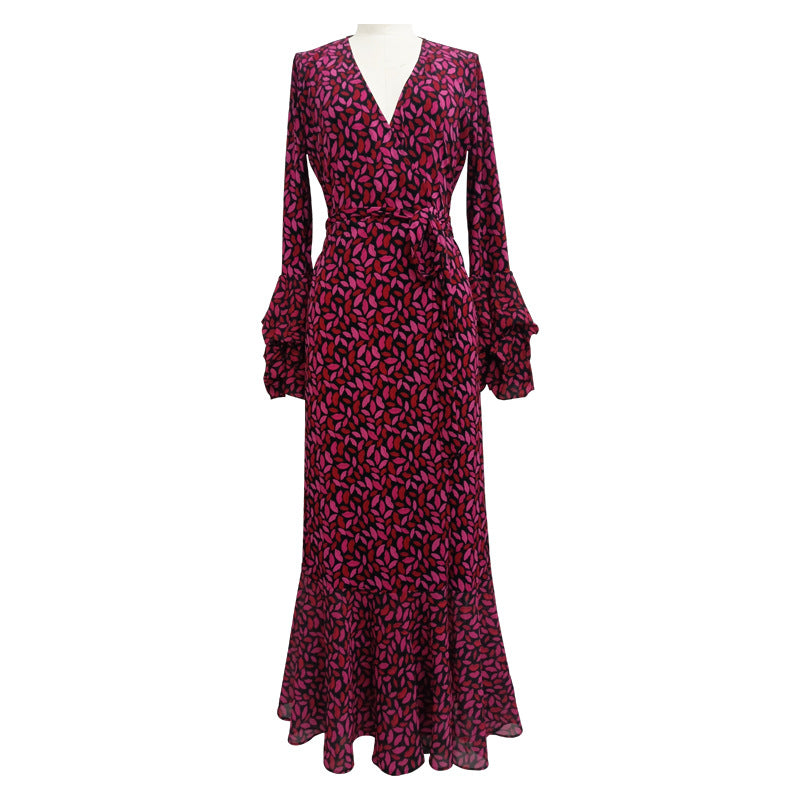 Fashion women's wear Small Red Lip Lantern Sleeve Collarless Long Dress One-Piece Elegant New Leopard Print Printed V-neck Lace-up Wrap Skirt