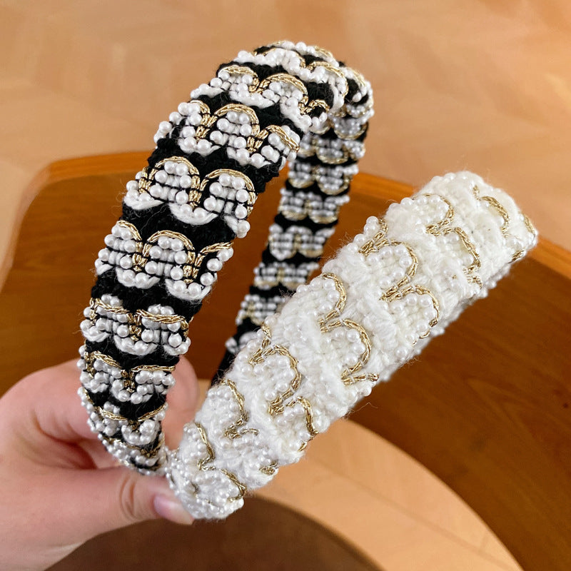 毛线珍珠宽边发箍小众时尚高颅顶压发头箍气质轻奢高级感发饰批发