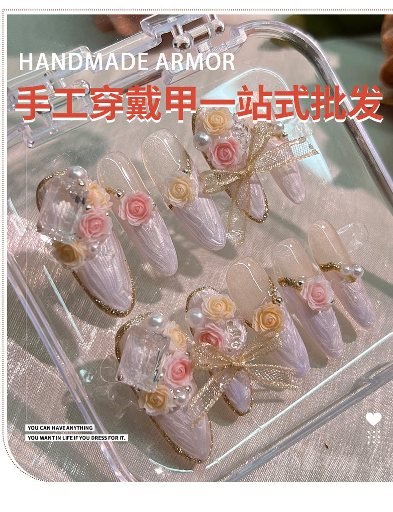 (Hand-Made Nail) Rose Manor Hand-Worn Nail Three-Dimensional Carved Heavy Industry Bridal Wedding Nail Xiaohongshu Nail Sticker Wear Nail Tip