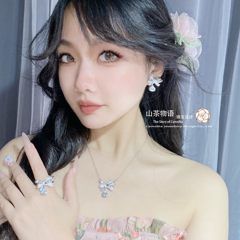 Camellia情人节简约百搭蝴蝶结流苏套装镀S925银锆石高级感指环女