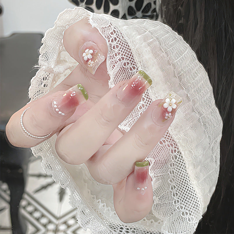 腮红小花穿戴甲夏日指甲贴片法式美甲片清新假指甲美甲贴片成品甲