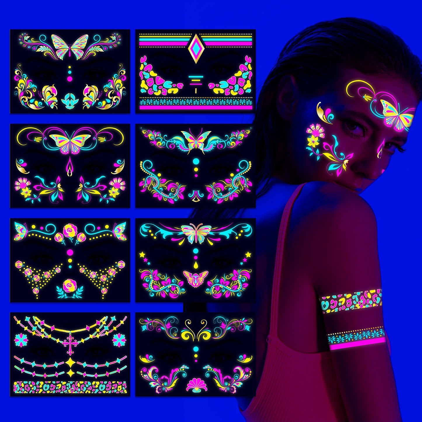 Free shipping Tattoo 2024 New European and American Music Festival Gold Powder Fluorescent Face Pasters Waterproof Nightclub Masquerade Neon Luminous Tattoo Stickers