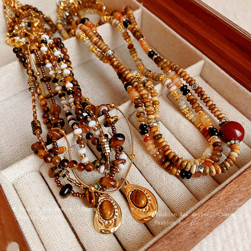 美拉德虎眼石串珠椭圆项链秋冬复古百搭毛衣链小众时尚饰品批发女