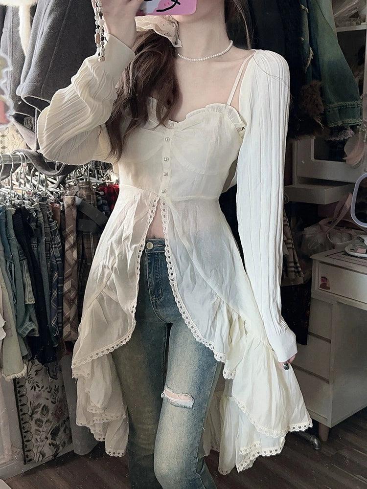 Fashion women's wear French Tea Break Gentle Ruffled Splicing Sling Dress Women's Spring 2024 New Long Sleeve Two-Piece Suit with a Shawl