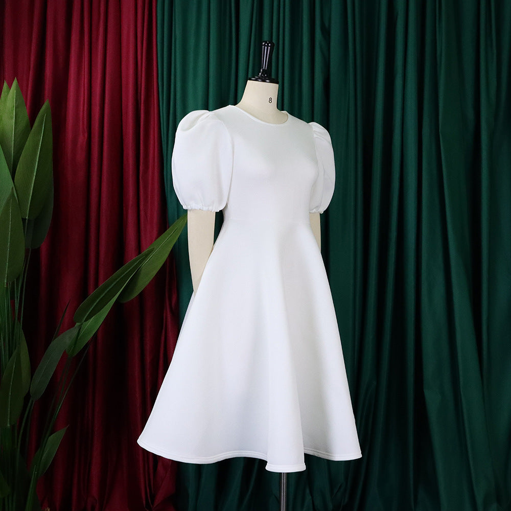 Fashion women's wear Cross-Border European and American Amazon Summer round Neck Graceful Puff Sleeve Waist-Controlled Large Hem Elegant A- line Foreign Trade Dress
