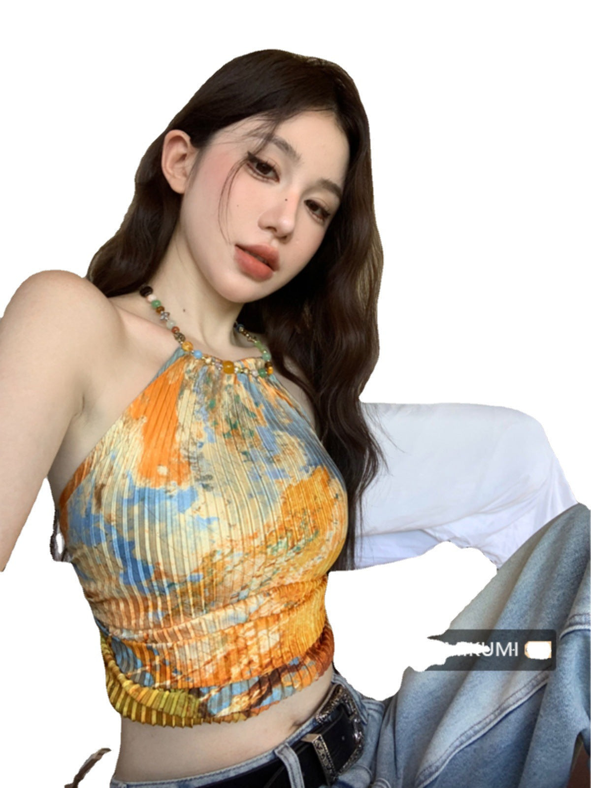 Dopamine tops Free shipping Tattoo Dopamine Thai small suspender with chest pad yellow summer body niche neck thin outer wear top women