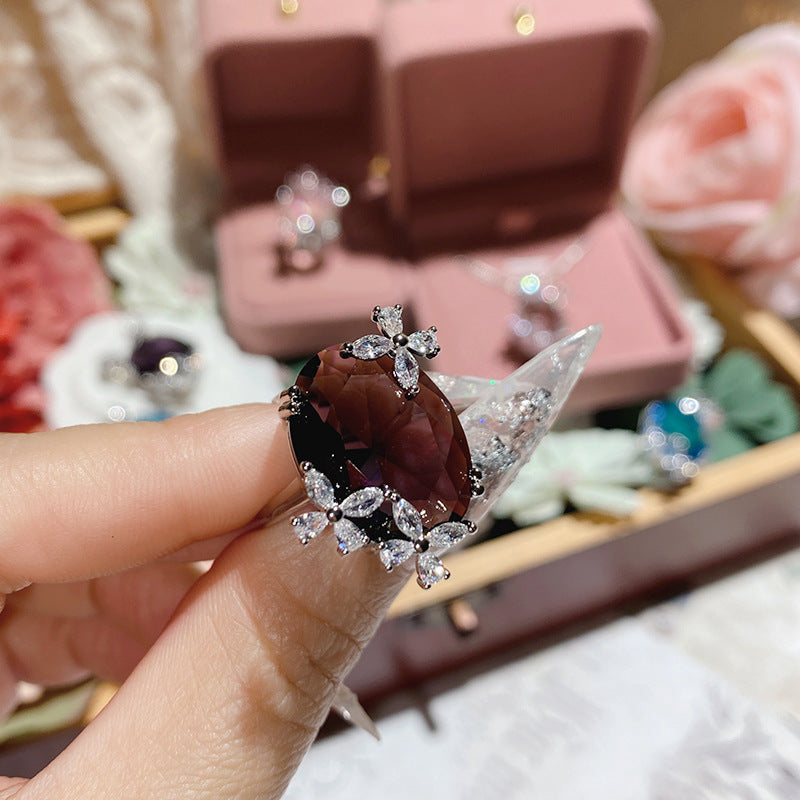 山茶夸张大克拉仿真彩宝紫水晶戒指女 复古优雅超仙15*20珠宝批发