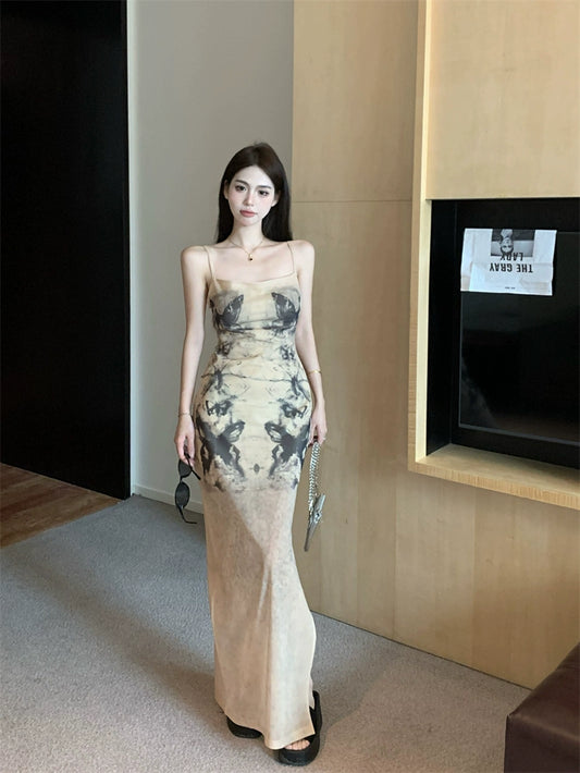 Fashion women's wear Women's French-Style Tie-Dyed Printed Suspender Dress Summer Elegant Waist Slimming Sexy Sheath A- line Dress for Hot Girls
