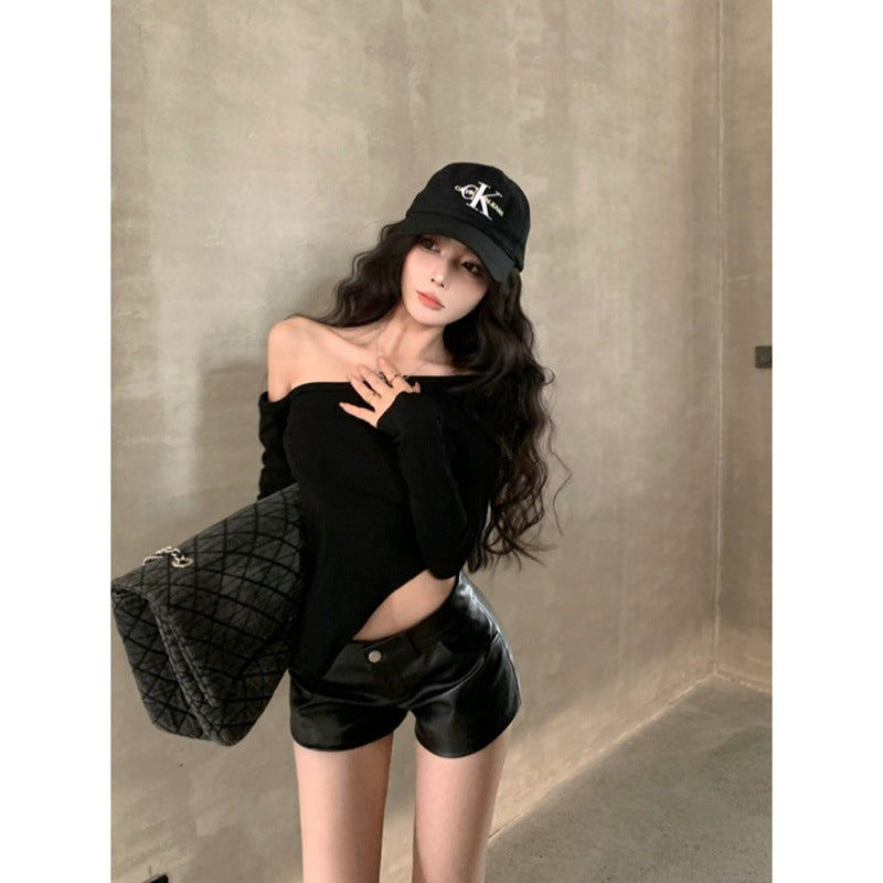 Dopamine tops Free shipping Tattoo Black Pure Lust Sexy Slim Skinny Top Women's Autumn Sweet and Cool Spice Girl Slant Neck Off-Shoulder Irregular Long Sleeve T-Shirt