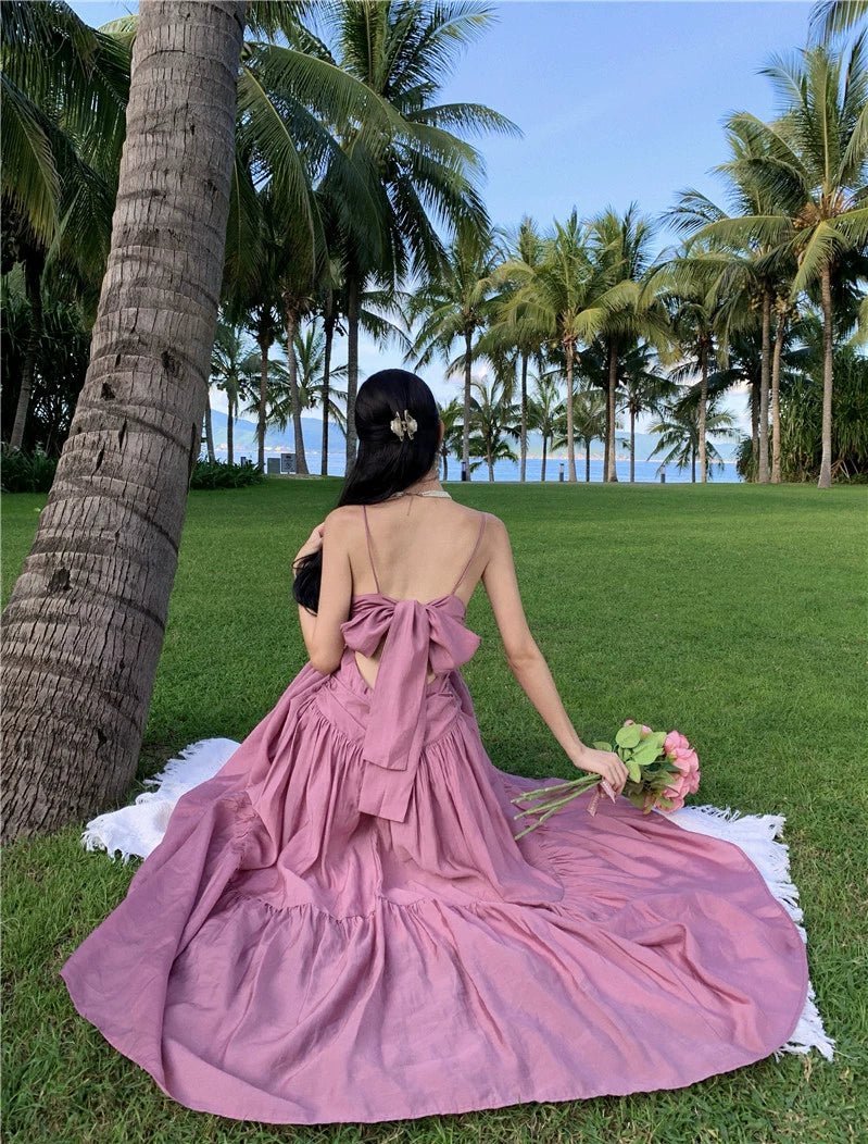 Fashion women's wear Beautiful Dopamine Special-Interest Design Lace-up Pleated Backless Vacation Style Sling Dress High-Grade Sense Temperament Long Dress