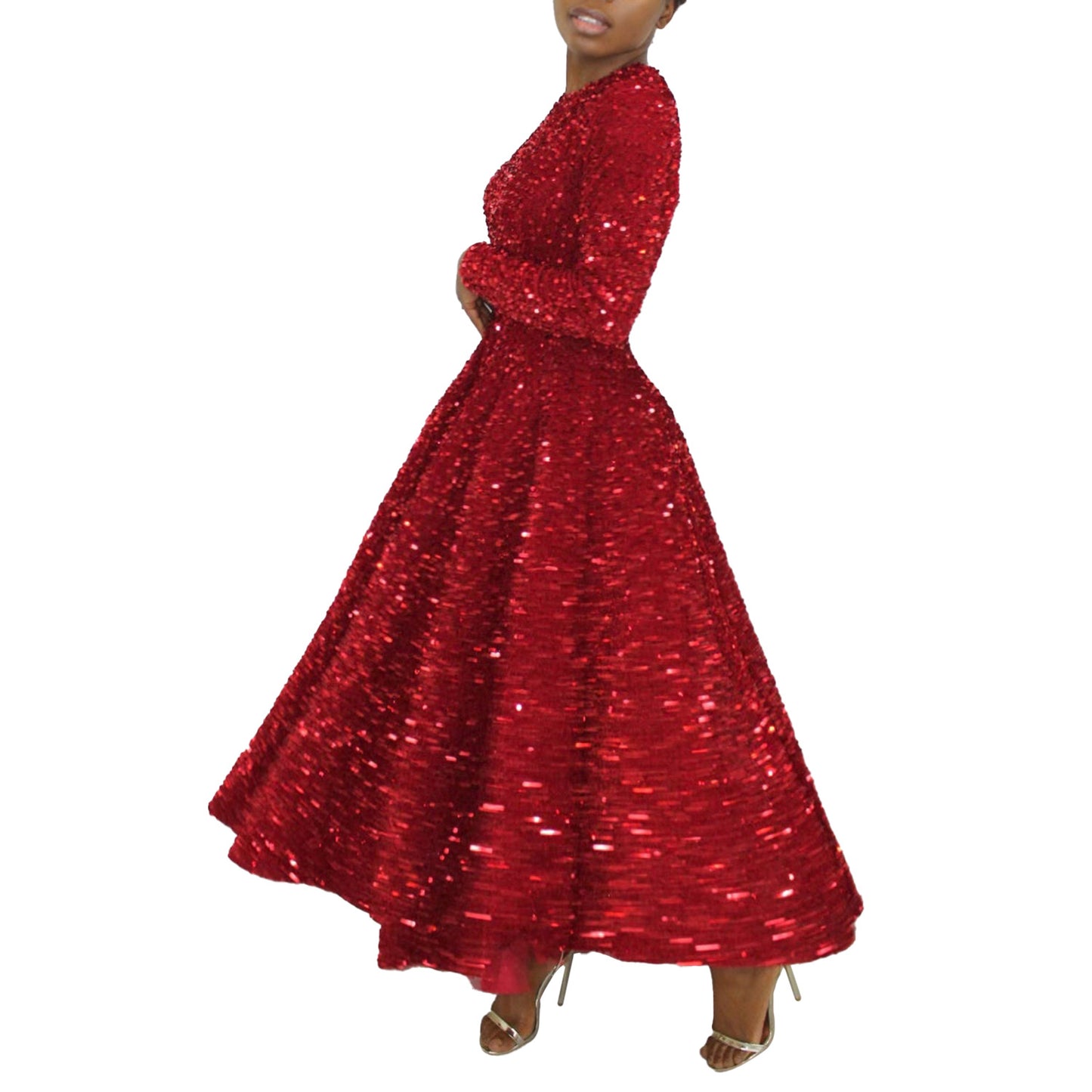 Fashion women's wear D469 Cross-Border New Arrival Women's round Neck Long Sleeve Pure Color Sequins High Waist Temperament Mid-Length Formal Dress European and American Style Dress