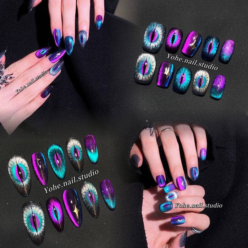 (Hand-made nail) Yoho Studio Phantom Eye Cat Eye Ins Wind Wearing Nail Art Custom Fake Nails Handmade Custom Short Nails