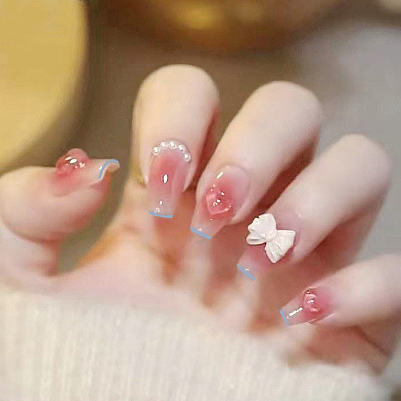 Fashion  nail Fake Nails Mid-Length White Blush Ice Transparent Pink Peach Heart Manicure Wear Nail Detachable Patch Y31