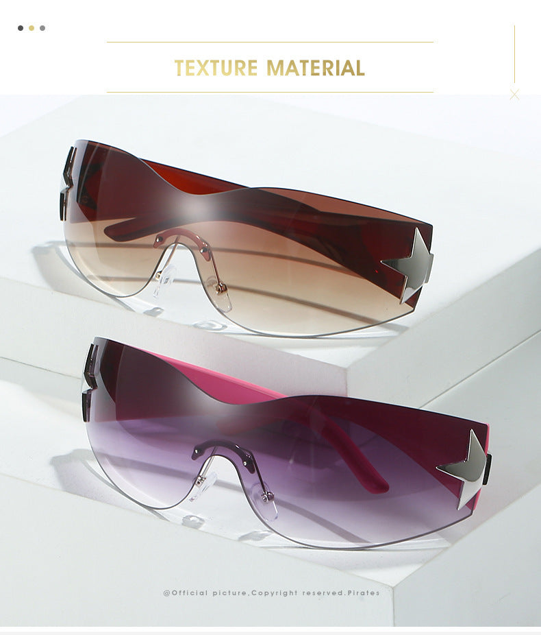 Women's fashion glasses 新款连体无框墨镜 欧美潮流弧形个性太阳镜时尚骑行户外眼镜批发