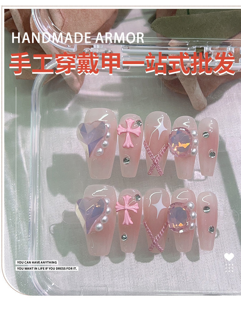 (Hand-Made Nail) Pure Desire Clear Feeling Gentle Fairy Girl Pile Rhinestone Nail Stickers Fake Nail Patch Wear Nail Tip Finished Product Detachable