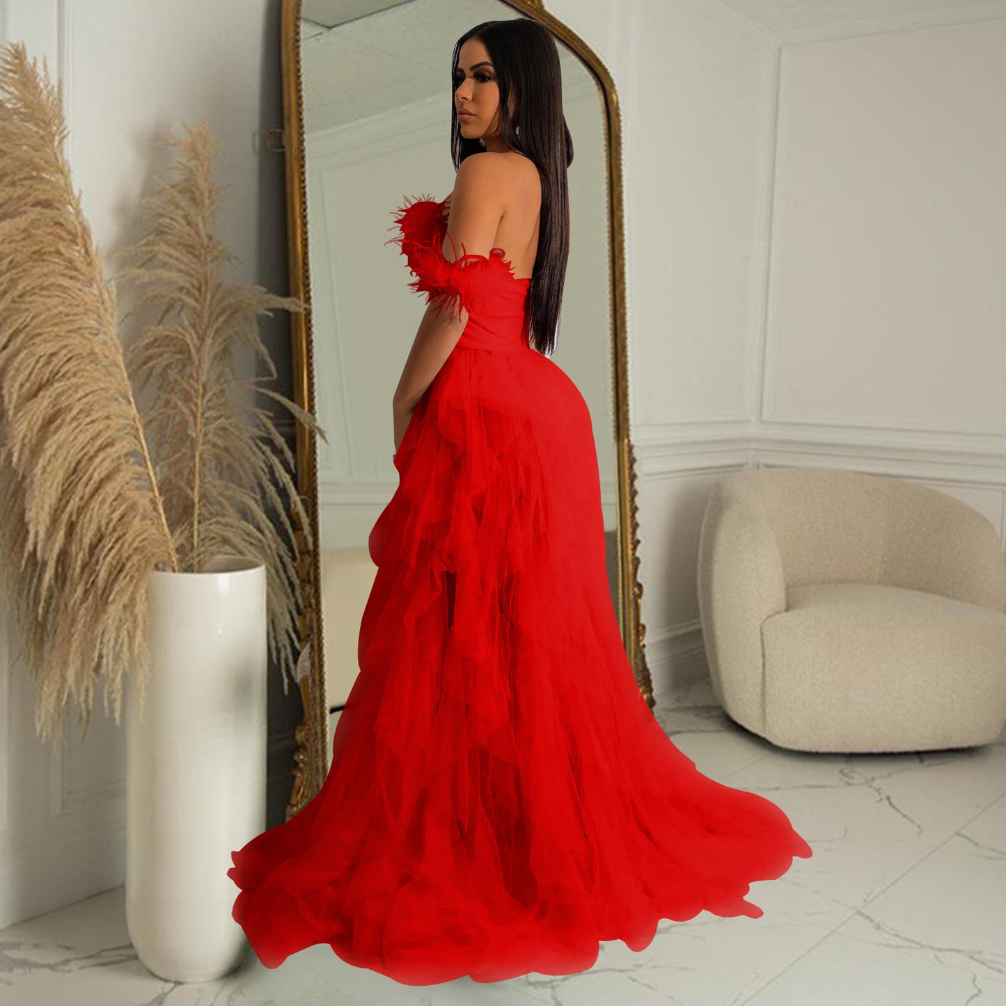 Fashion women's wear X6223 Cross-Border  Fashion Women's Wear Solid Color Sleeveless Chest Wrap Mesh Long Dress Dress