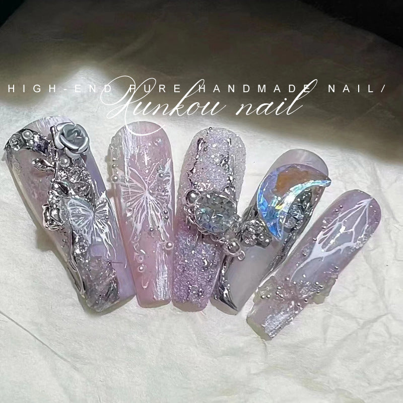 (Hand-Made Nail) Nail Fairy Flashing Pink Gradient Butterfly Chain Irregular Shell Gentle Blooming Handmade Wear Nail