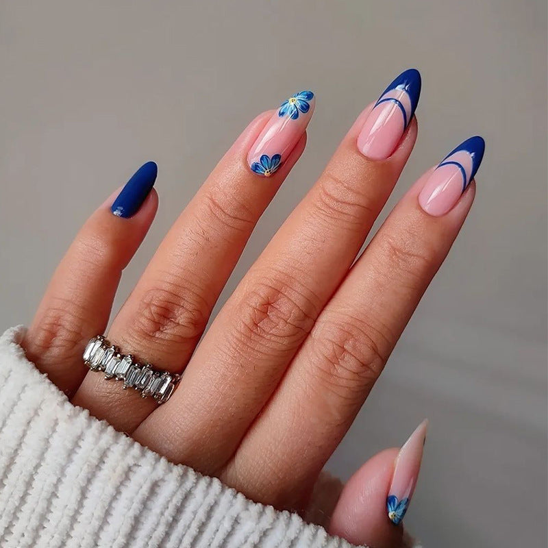 宝蓝花朵穿戴甲法式nails 跨境美甲片外贸假指甲长尖甲型美甲贴片