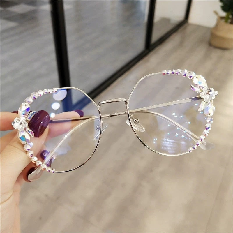 Women's fashion glasses 2024跨境镶钻抗蓝光疲劳男女电脑护平面目无度数玩手机保护眼睛