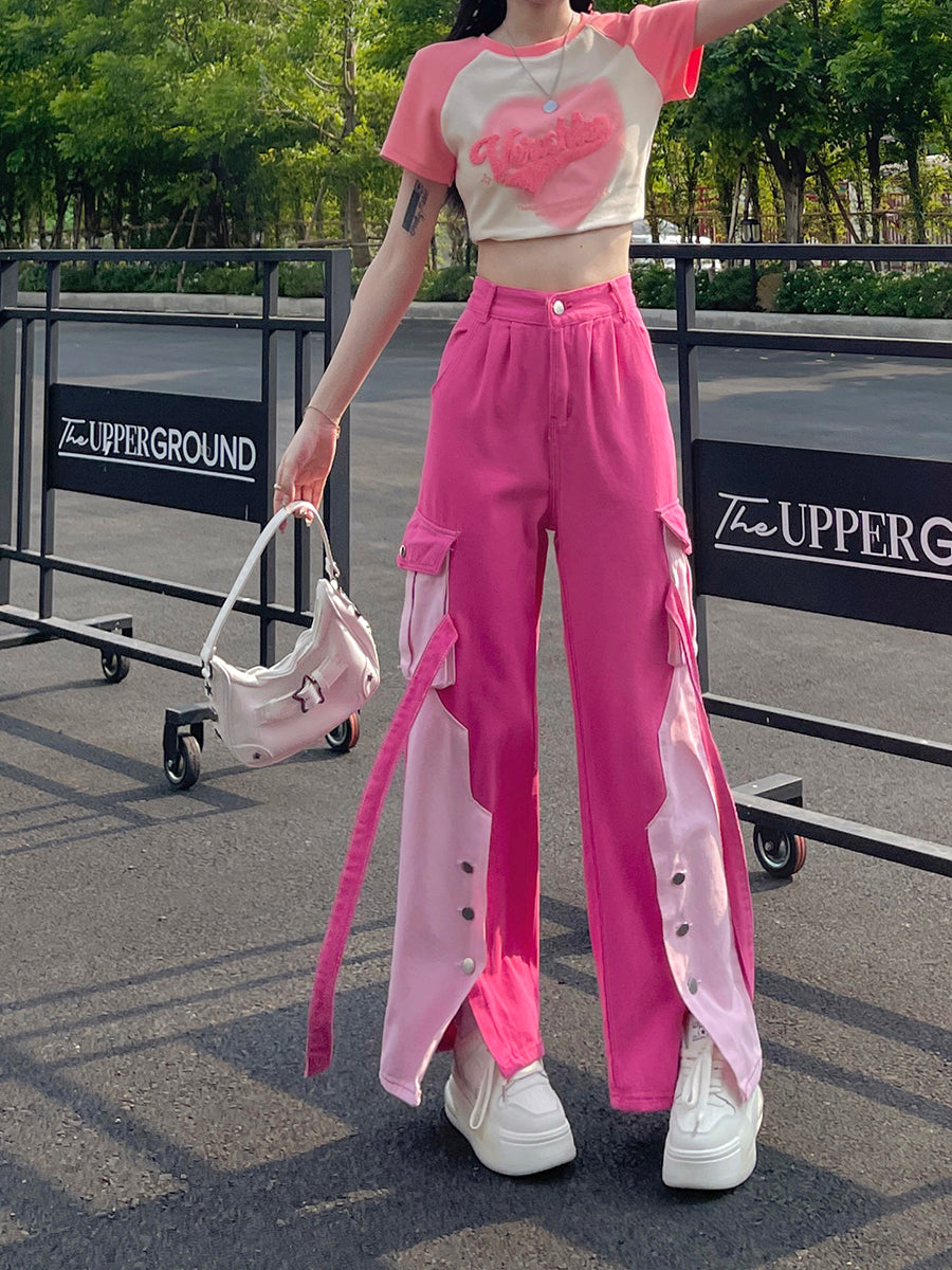 Dopamine pants Free shipping Tattoo Pink tooling jeans women's spring spice girl dopamine high waist temperament design sense color matching straight trousers