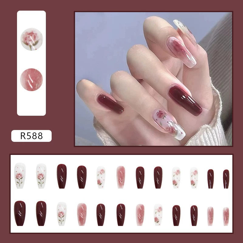 (Hand-made nail) French nail armor long black small fragrance simple white high-grade sense nail piece bride pregnant woman finished product.