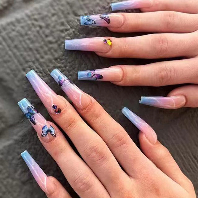 (Hand made nail) European and American Spicy Girl Super Long Instagram Dark Small Stand Retro Trapezoidal Shining Diamond Beauty False Nail Patch Detachable Wearable Nail