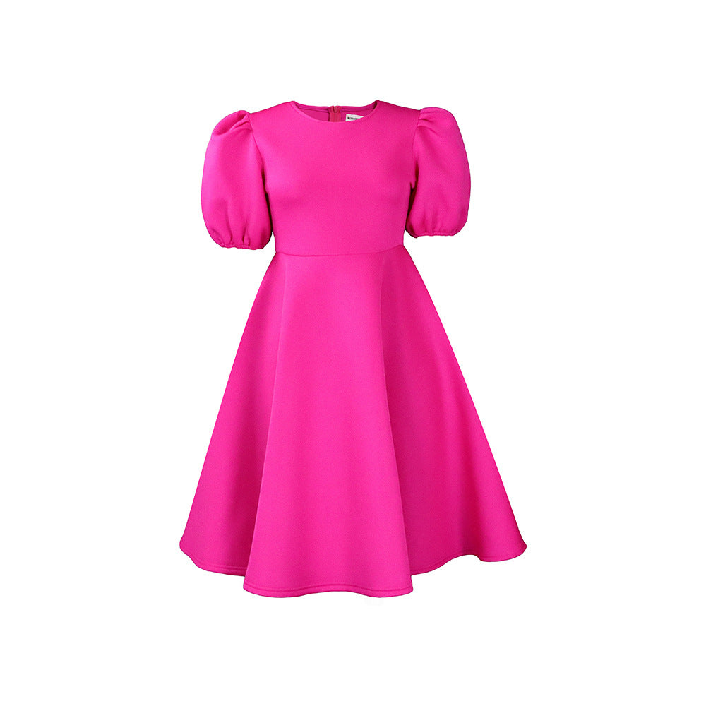 Fashion women's wear Cross-Border European and American Amazon Summer round Neck Graceful Puff Sleeve Waist-Controlled Large Hem Elegant A- line Foreign Trade Dress