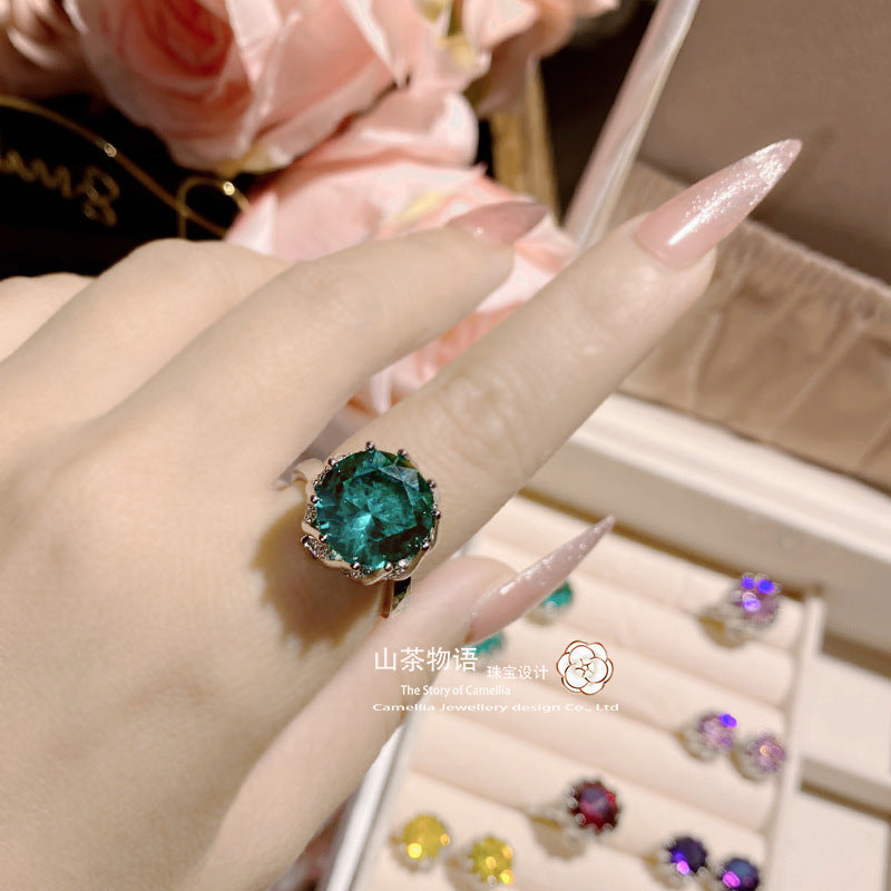 Camellia直播货源仿帕拉伊巴蓝绿套装女 镀pt950彩宝锆钻开口戒指