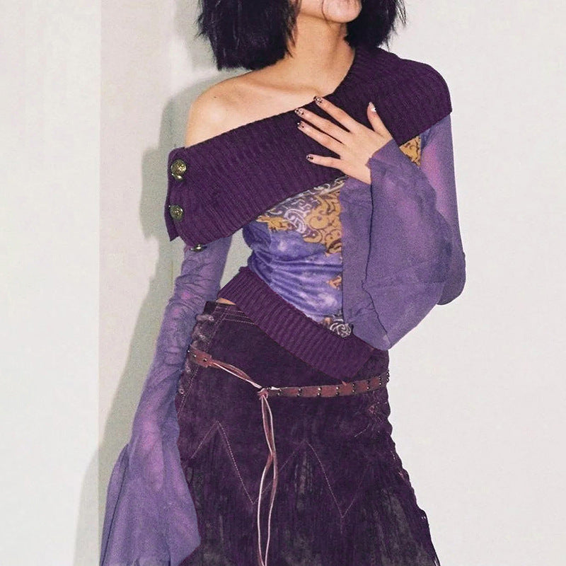 Free shipping  new slanted shoulder long-sleeved printed splicing mesh slim short women's tops