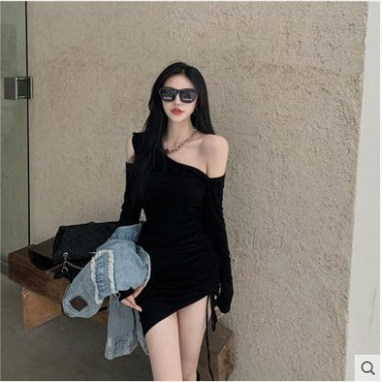 Free shipping   new sexy off-the-shoulder temperament slim-fitting hip skirt short skirt slim tight black dress trendy