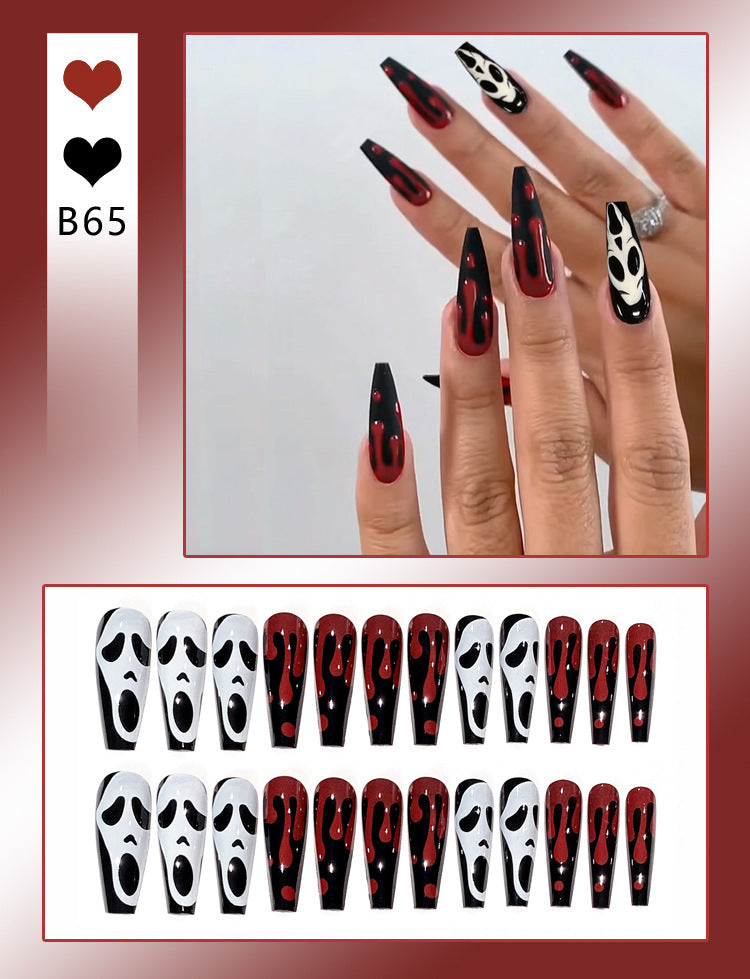 Fashion  nail Cross-Border Halloween Wear Armor Ghost Skull Pumpkin Bat Long 24 Pieces Fake Nail Patch Nail Sticker Wholesale