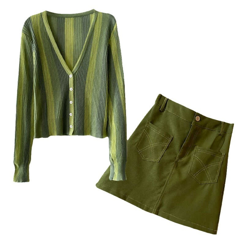 Dopamine dress Free shipping Tattoo Korean version of dopamine wear fashion temperament autumn new women's clothing knitted cardigan long sleeve green high waist short skirt tide