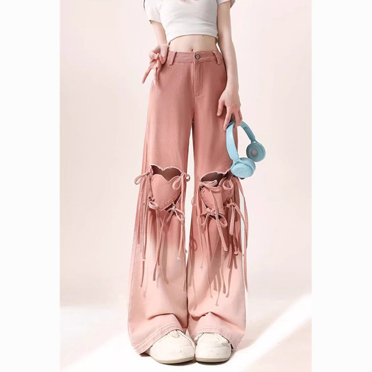 Dopamine pants Free shipping Tattoo Dopamine wears pink ripped jeans for women's summer thin new design loose and thin wide-leg pants