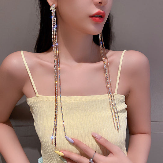 925银针镶钻长款流苏耳环欧美设计夸张甜酷风时尚耳坠气质耳饰女