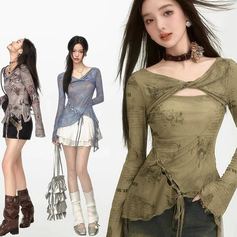 Free shipping   New Vintage Long Sleeve Kink Lace Up Irregular Slim Women's tops
