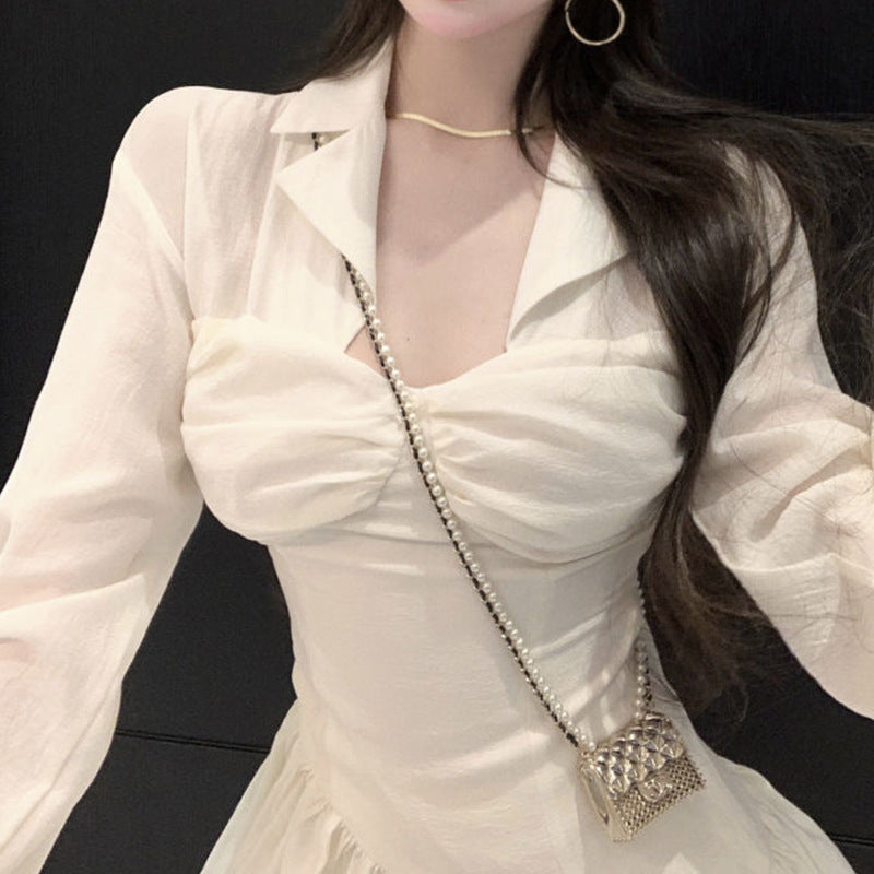 Fashion women's wear Sweet Hot Girl Long-Sleeved Shirt Dress Women's Spring and Autumn Pure White Square Collar Pleated Waist Tight Slimming Puff Short Skirt
