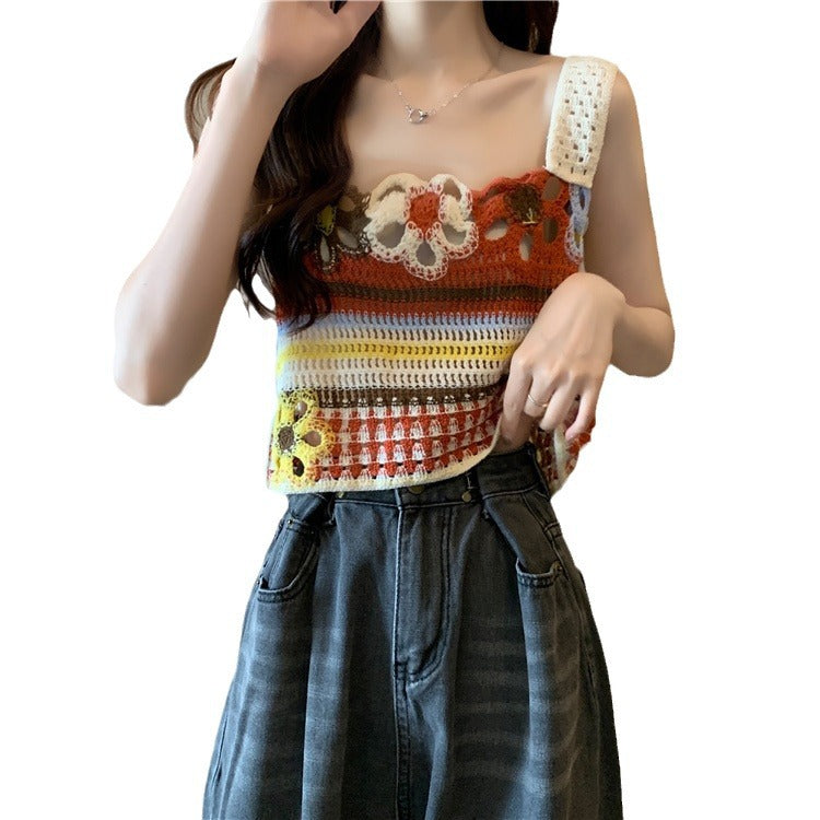 Dopamine tops Free shipping Tattoo Dopamine Stripe Hollow Suspender Small Vest Women's Xia Tailand Wear Ethnic Style Outside Thai Seaside Top