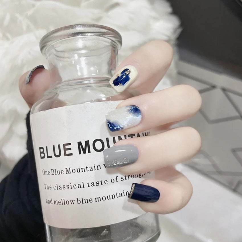 Fashion  nail Pure Desire Fake Nail Patch Blue Marbling Finished Nail Beauty False Nails Removable Nail Tip Wear Nail X105